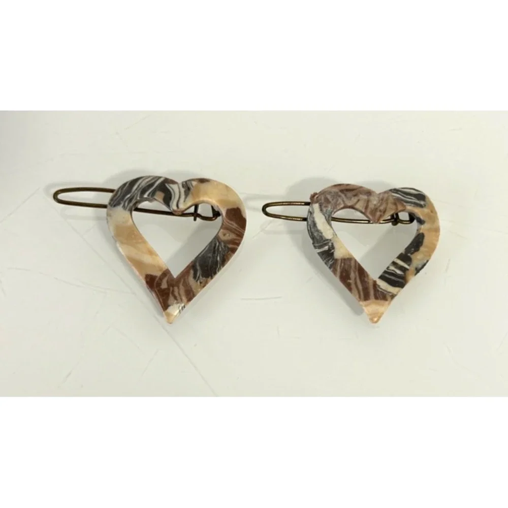 Vintage France Marbled Heart Hair Clips Pair 1970s Tortoiseshell Open Barrette